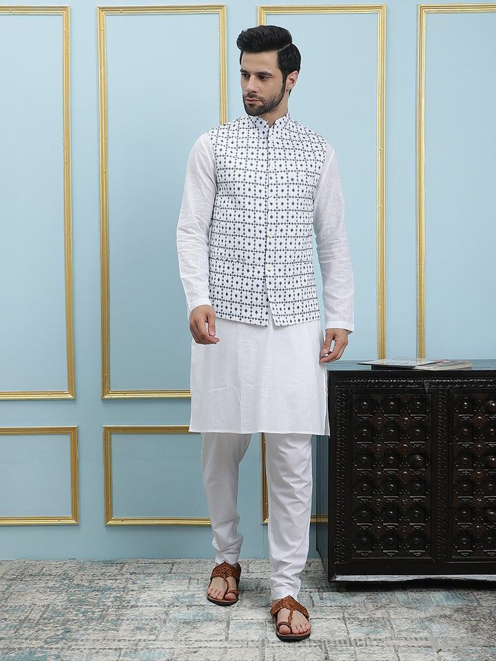 Pure Cotton Straight Kurta & Pyjama with Embroidered Nehru Jacket