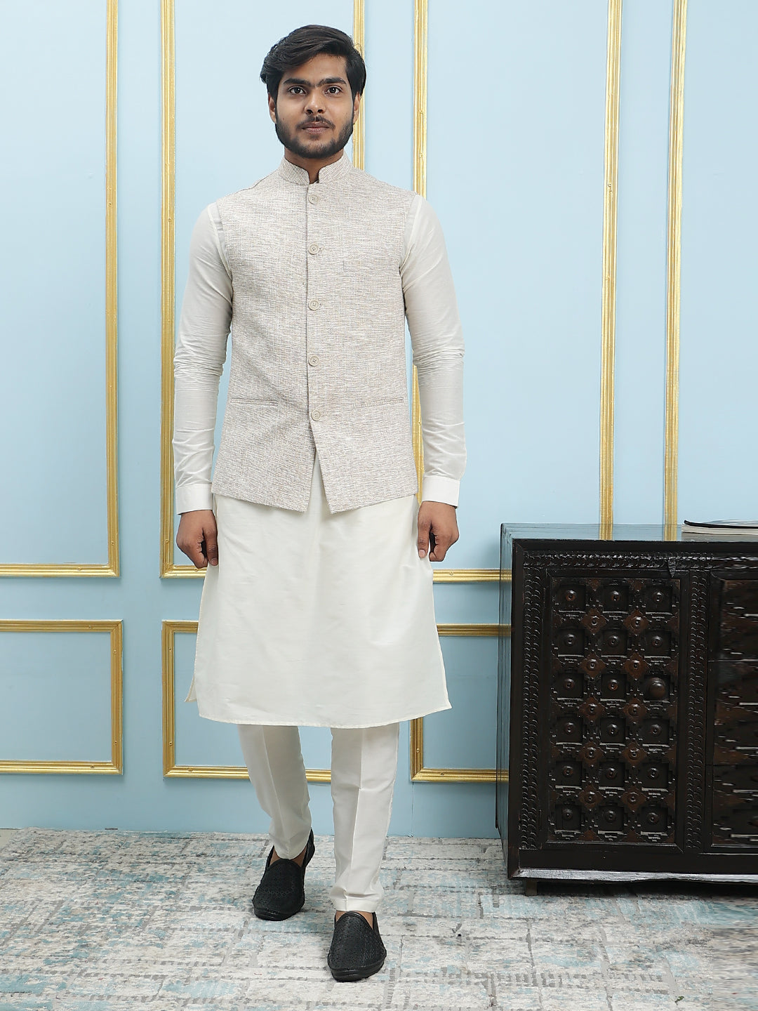 Pure Silk Straight Kurta & Pyjama Set with Handwoven Nehru Jacket