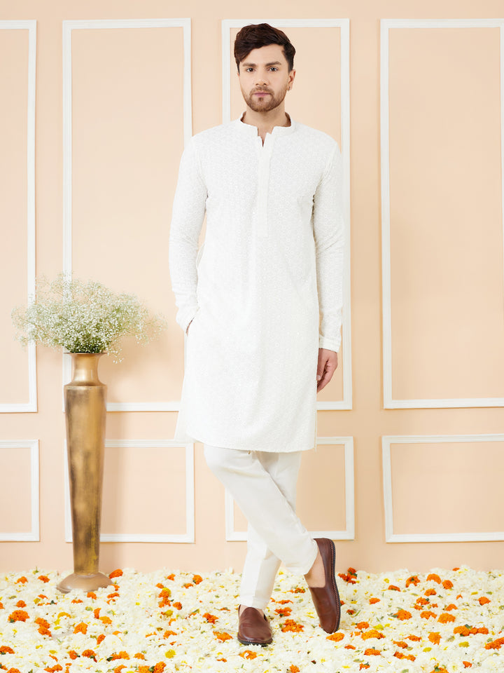 White Sequins Embroidered Rayon Kurta