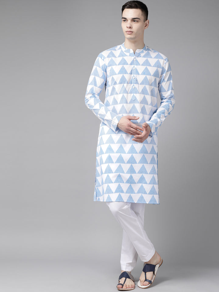 Men White & Blue Stripe Printed Straight Kurta
