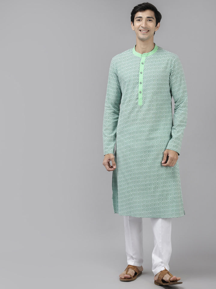 Men Green And White Printed Pure Cotton Straight Kurta