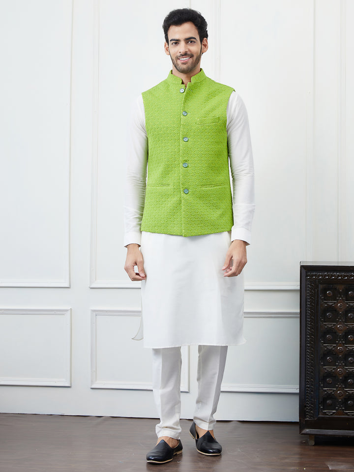 Pure Cotton Straight Kurta & Pyjama with Embroidered Nehru Jacket