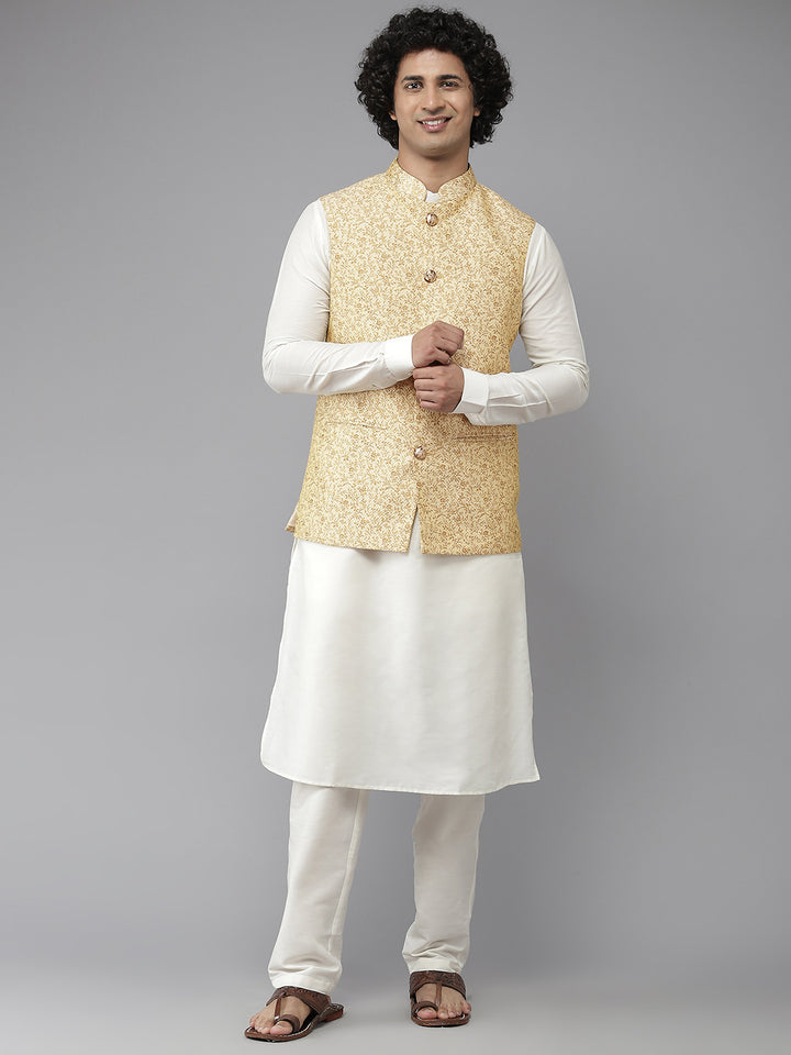 Men Gold & White Woven Jacquard Nehru jacket