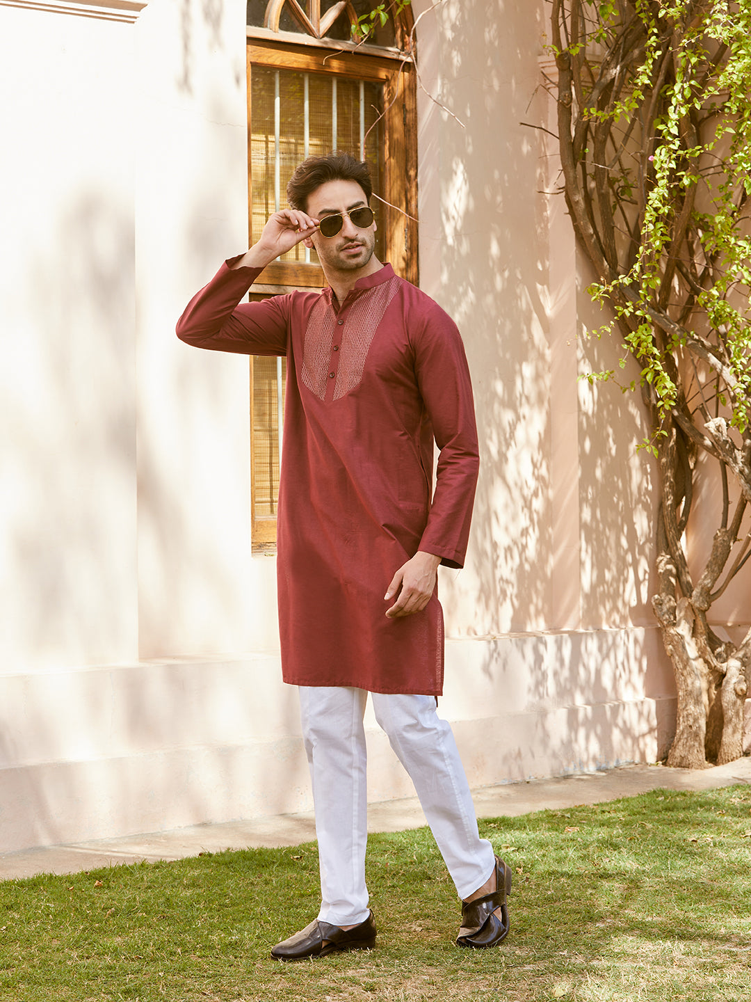 Pintuck Yoke Cotton Silk Straight Kurta with Pyjama