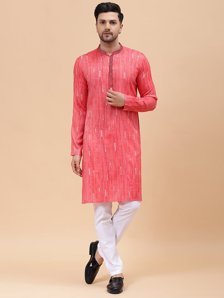 Men Pink & White Silk Woven Design Straight Kurta