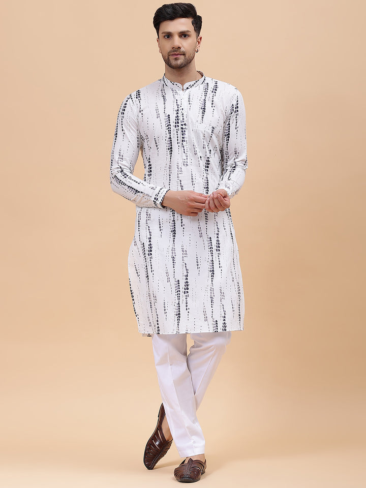 Men White & Grey Pure Cotton Printed Staright Kurta