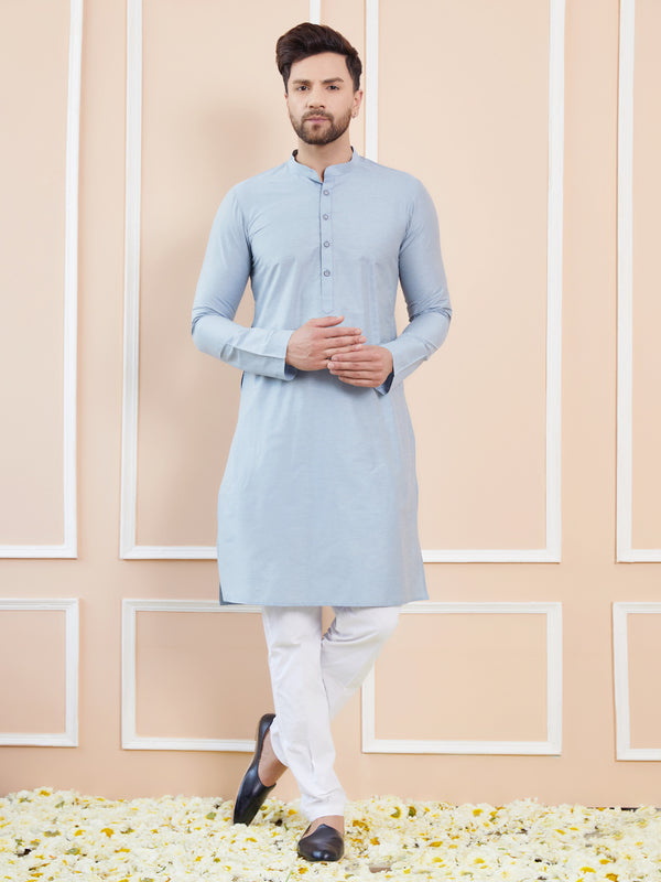 Blue Cotton Solid Straight Kurta with Pyjama – Blue