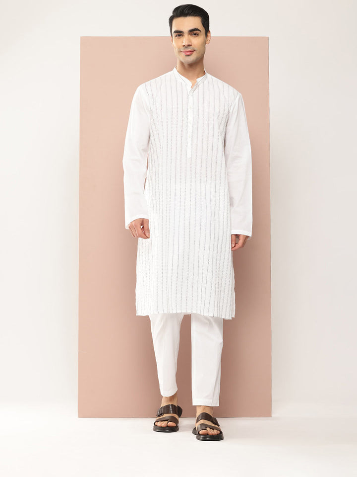 Men's White Cotton Pintex Design Threadwork Kurta