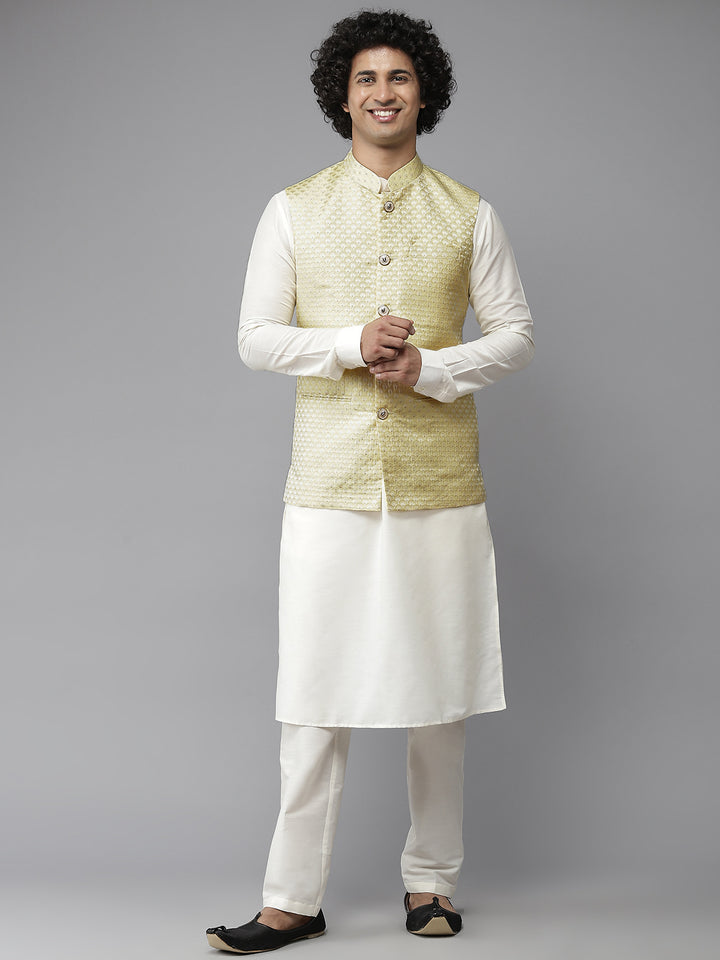 Men Lime Yellow & White Woven Jacquard Nehru jacket