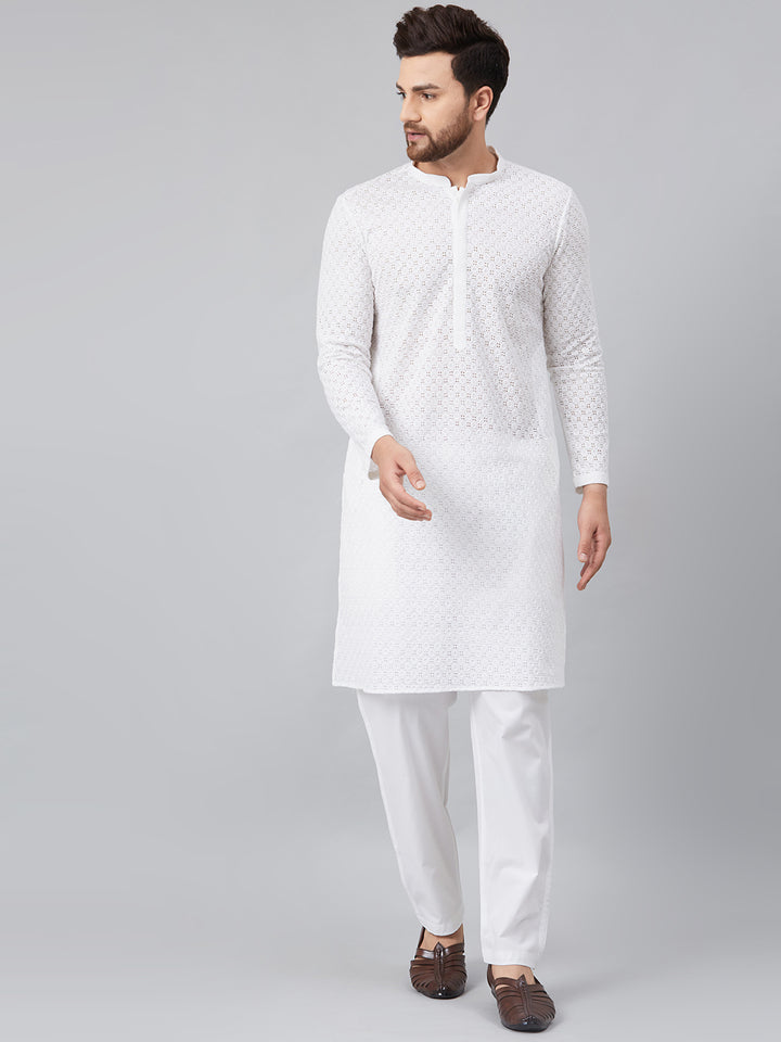 White Green Chikankari Embroidered Woven Design Straight Kurta With Pyjama