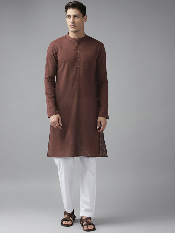 Men Brown Cotton Slub Straight Kurta with Pyjama