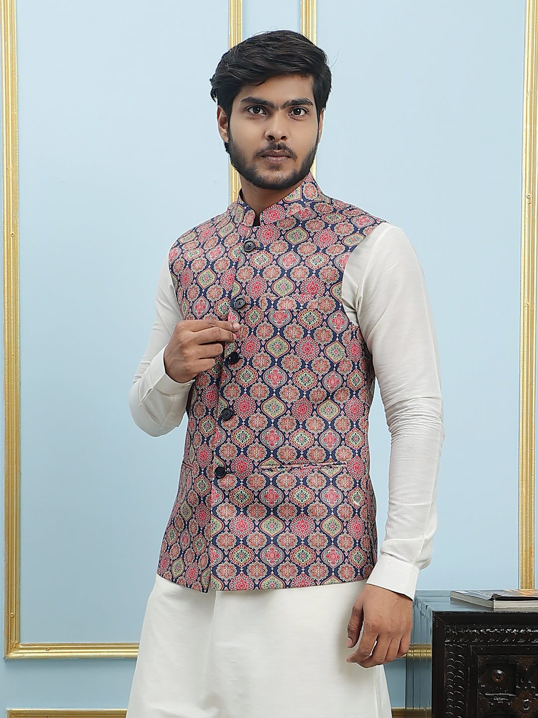 Pure Silk Straight Kurta & Pyjama Set with Printed Cotton Nehru Jacket