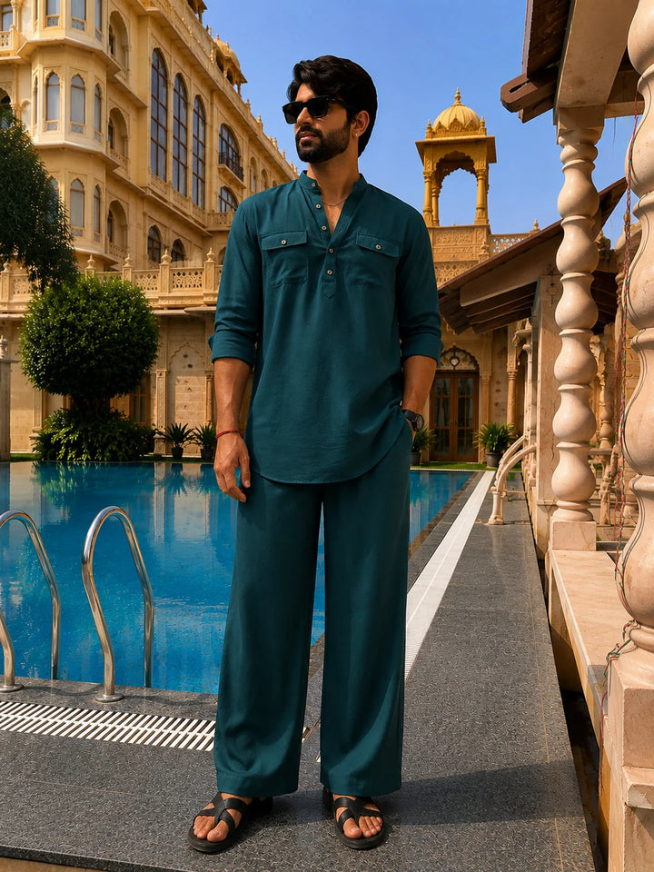 Men's Green Rayon Solid Pathani Set