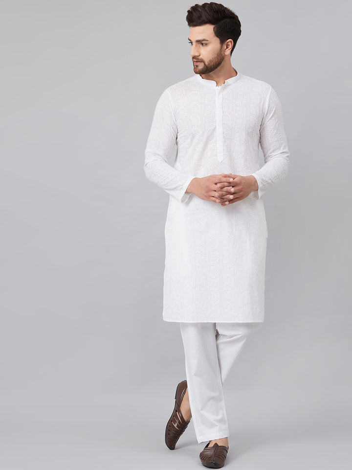 Men White Chikankari Embroidered Woven Design Straight Kurta