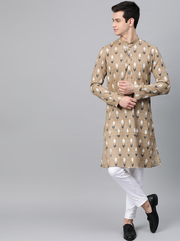 Beige Printed Straight Kurta With Pyjama
