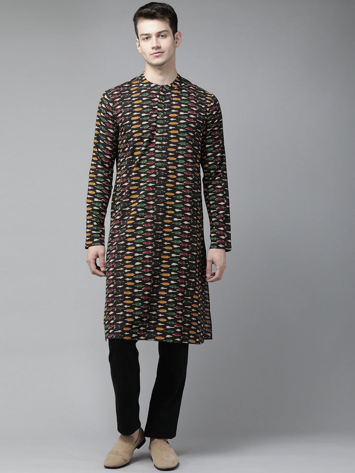 Men Black And Gold Kalamkari Block Printed Straight Sustainable Kurta