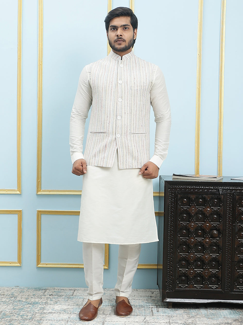 Solid Handwoven Pure Cotton Nehru Jacket – Cream