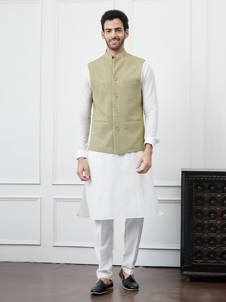 Pure Cotton Straight Kurta & Pyjama with Sequins Embroidered Nehru Jacket