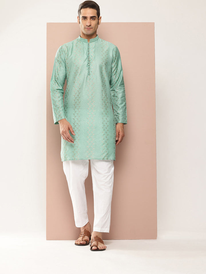 Men’s Ice Green Chanderi Silk Kurta with Embroidery and Sequins, Paired with Pyjama