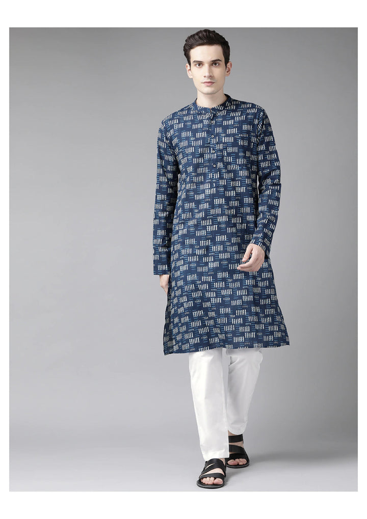 Blue Geometric Printed Straight kurta With Pyjama