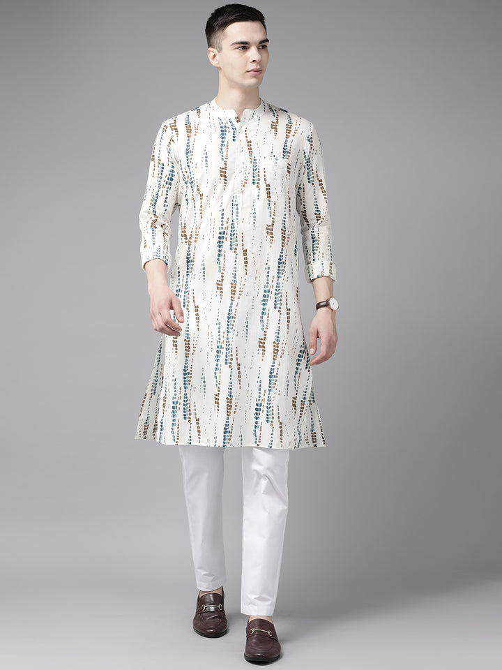 Men White Multi Tie and dye Print Design Straight Kurta