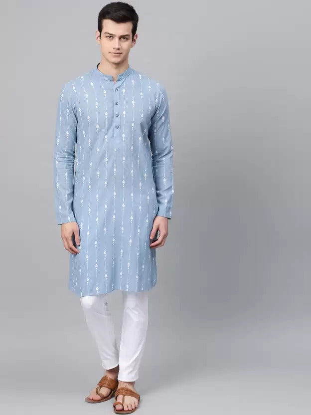 Blue Printed Straight Kurta With Pyjama