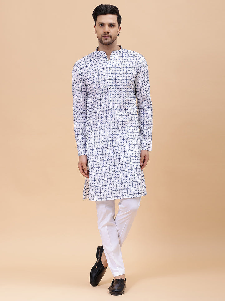 Men White & Blue Pure Cotton Embroidered Straight Kurta
