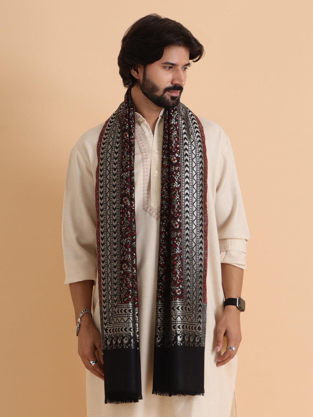 Tweedle Floral Design Kani Zari Shawl for Men - Black, Size - 28 x 80 inches