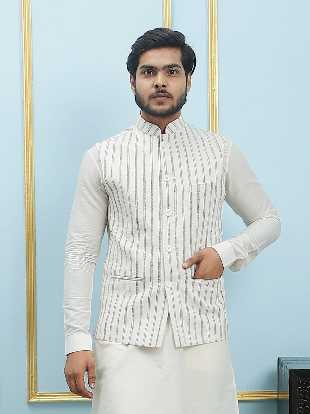 Solid Handwoven Pure Cotton Nehru Jacket – Cream