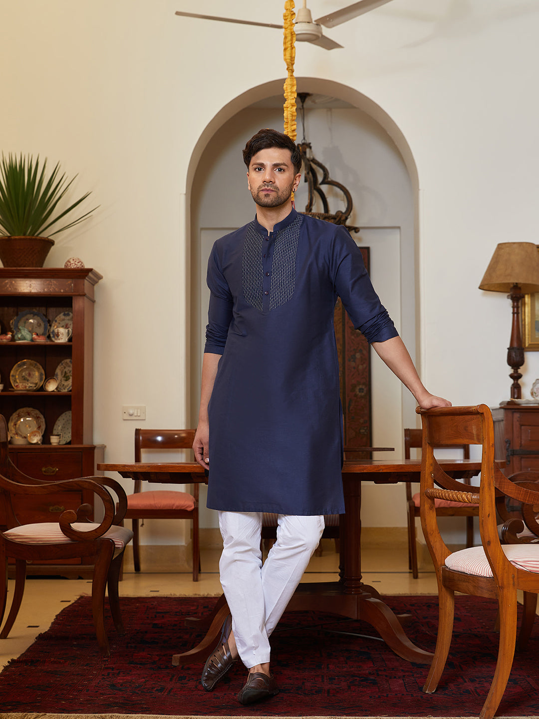 Pintuck Yoke Cotton Silk Straight Kurta with Pyjama