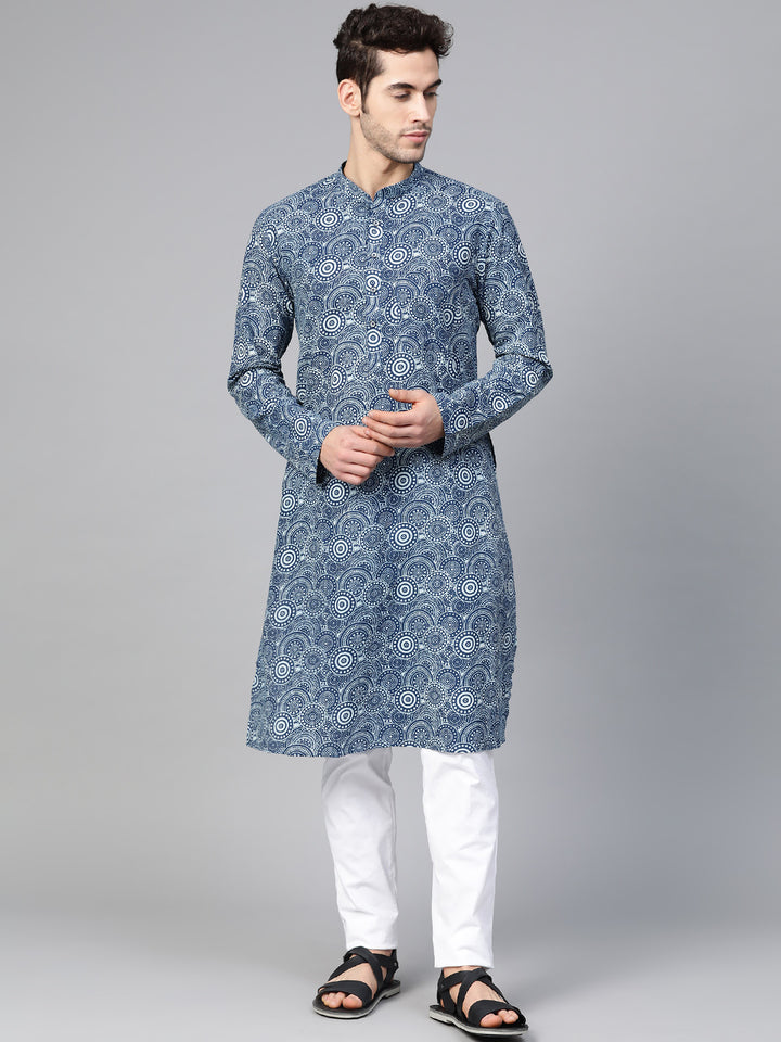 Men Blue Indigo Hand Block Print Straight Sustainable Kurta With Pyjama