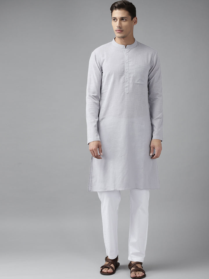 Men Grey Cotton  Straight Kurta with Slub Effect With Pyjama