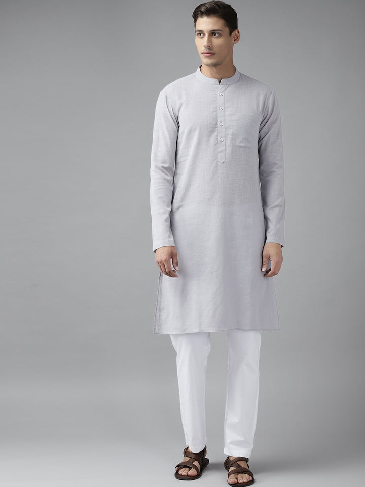 Men Grey Cotton Slub Straight Kurta with Pyjama