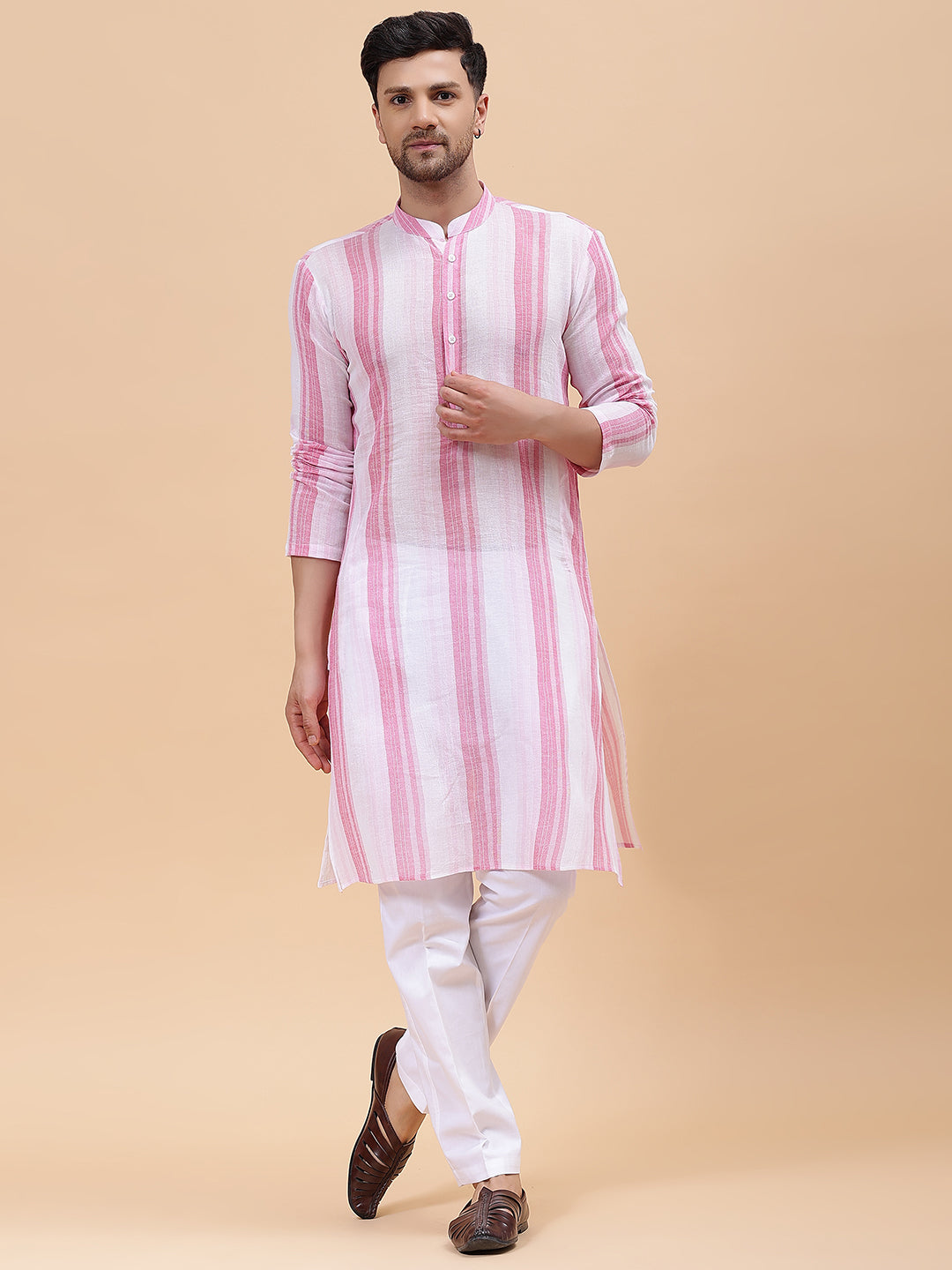 Men White & Pink Pure Cotton Printed Staright Kurta