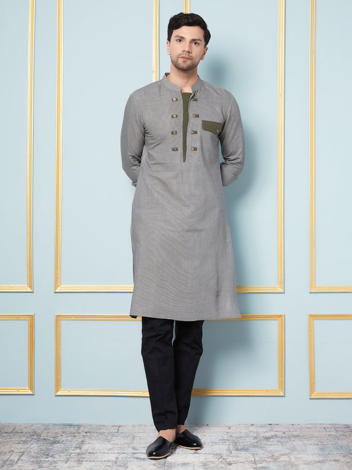 Grey Woven Straight Kurta With Pyjama