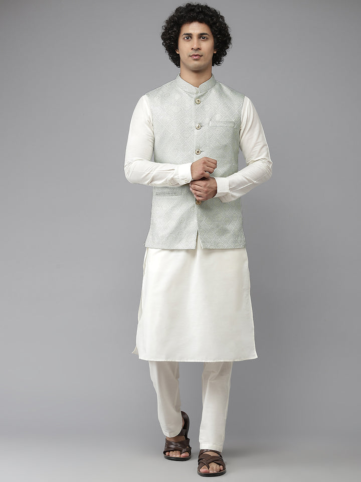 Men Aqua Blue & White Woven Jacquard Nehru jacket