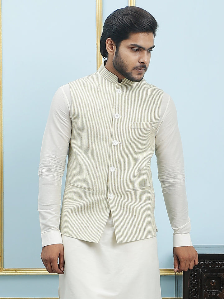 Pure Silk Straight Kurta & Pyjama Set with Handwoven Nehru Jacket