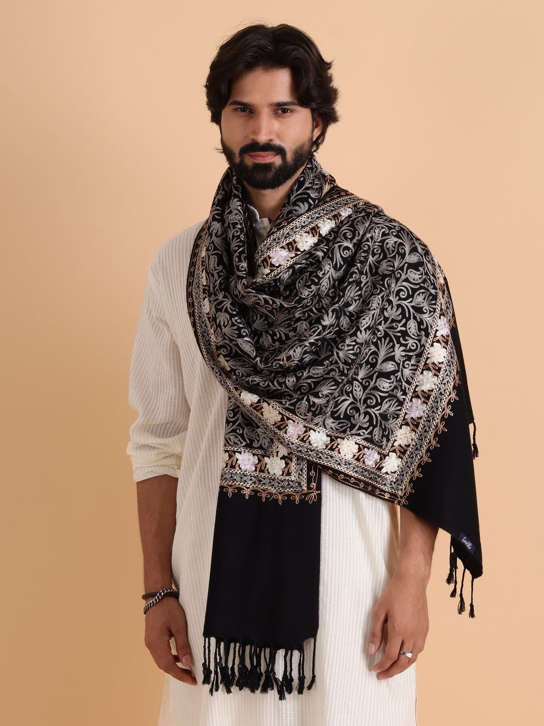 Tweedle Men's Acro Wool Kashmiri Embroidery Stole, Black, Size - 28 x 80 inches