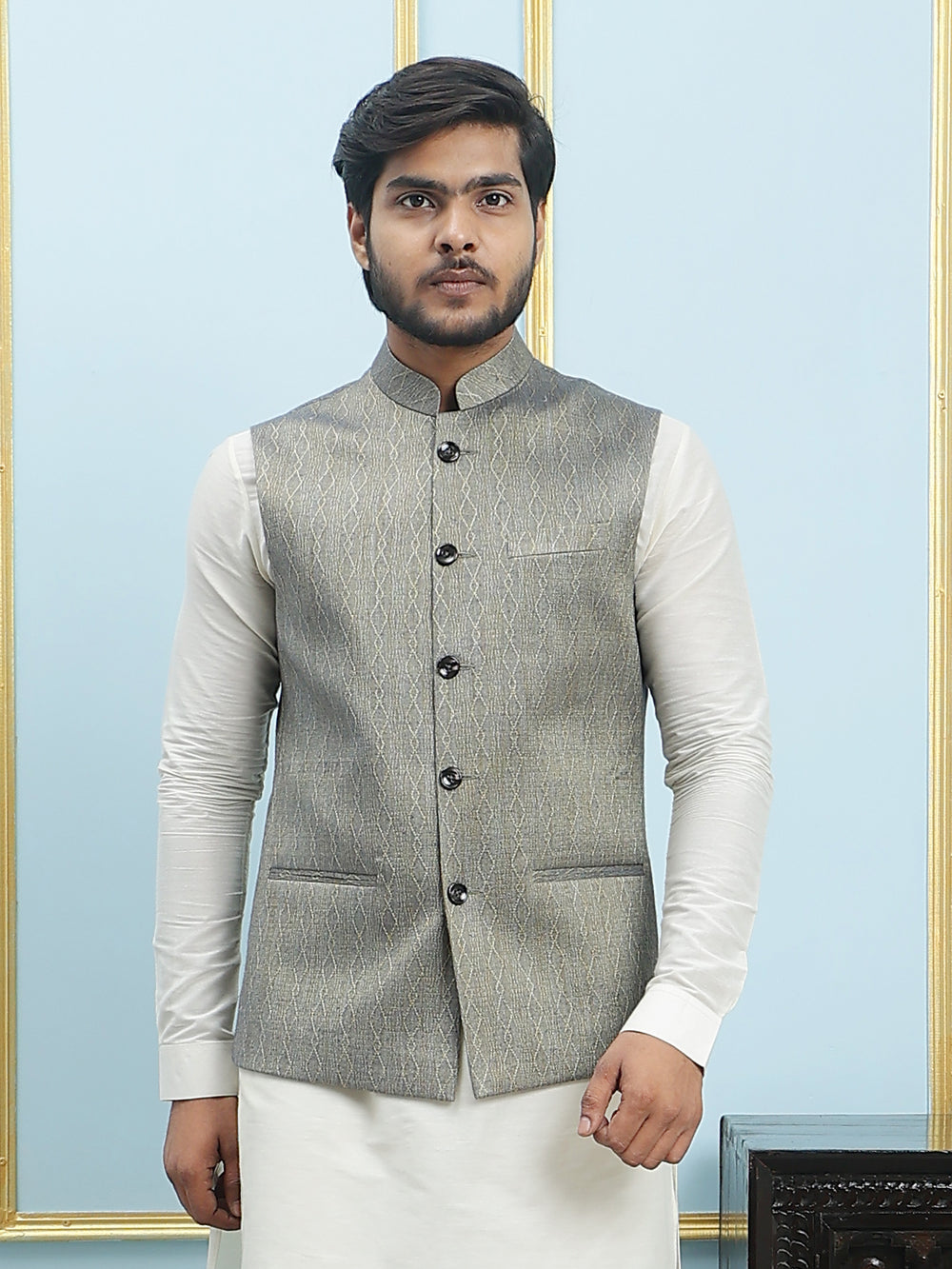 Woven Jacquard Nehru Jacket – Grey