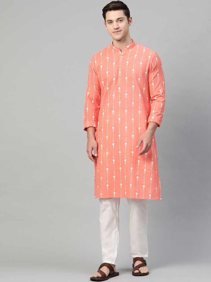 Men Peach & White Printed Straight Kurta With Pyjama