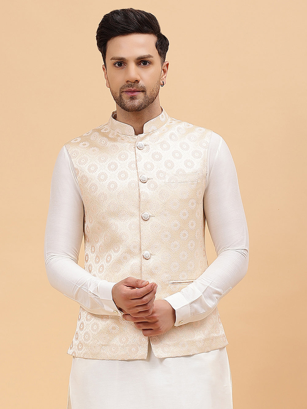 Men White Solid Kurta Pajama With Golden Nehru jacket2