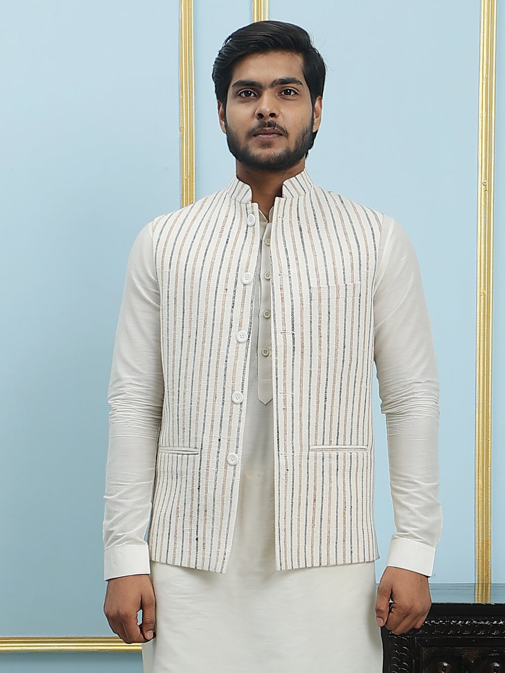 Solid Handwoven Pure Cotton Nehru Jacket – Cream