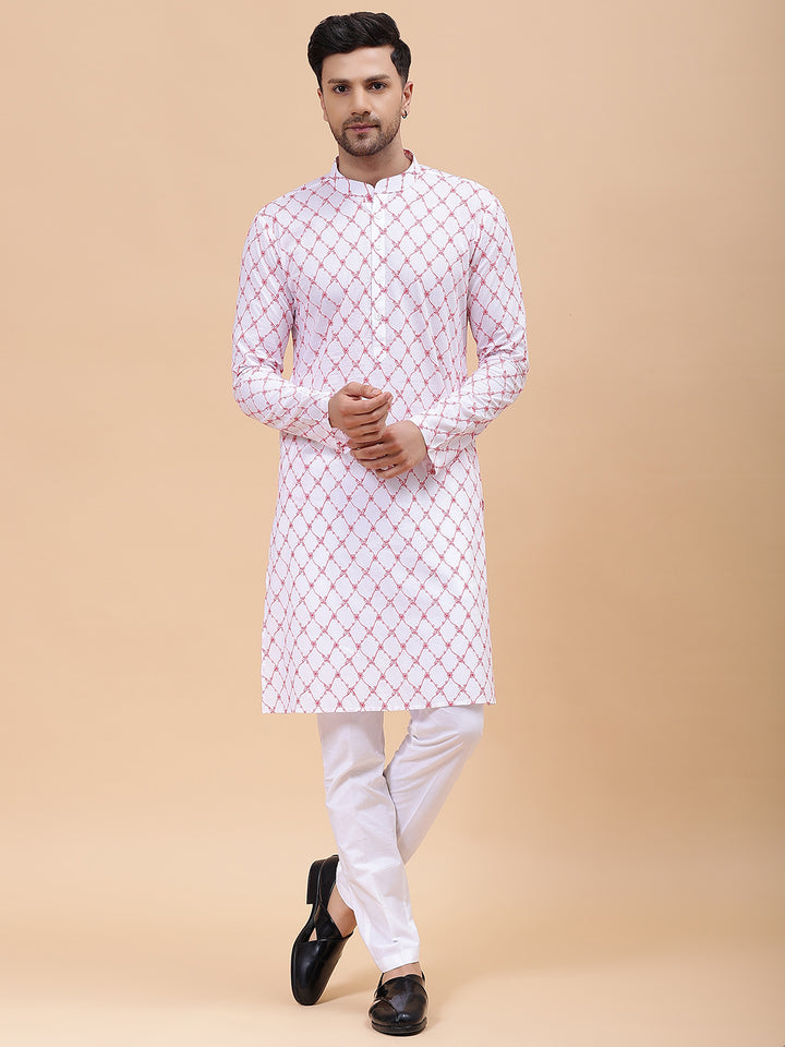 Men White & Orange Pure Cotton Embroidered Straight Kurta