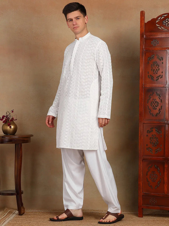 White Chikankari Embroidered Straight Kurta Paired with Salwar