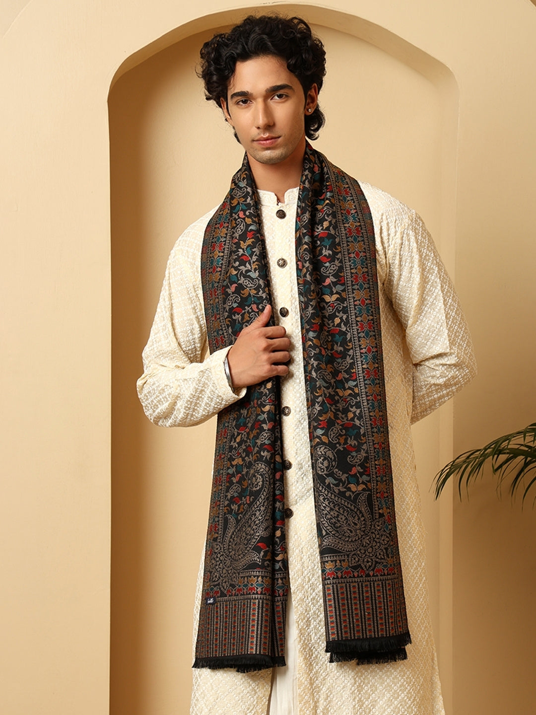 Tweedle Men’s Ethnic Kashmiri Kani Stole/ Scarf - Black - 28 x 80 inches