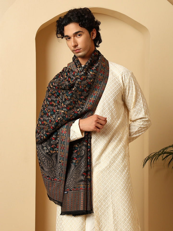Tweedle Men’s Ethnic Kashmiri Kani Stole/ Scarf - Black - 28 x 80 inches