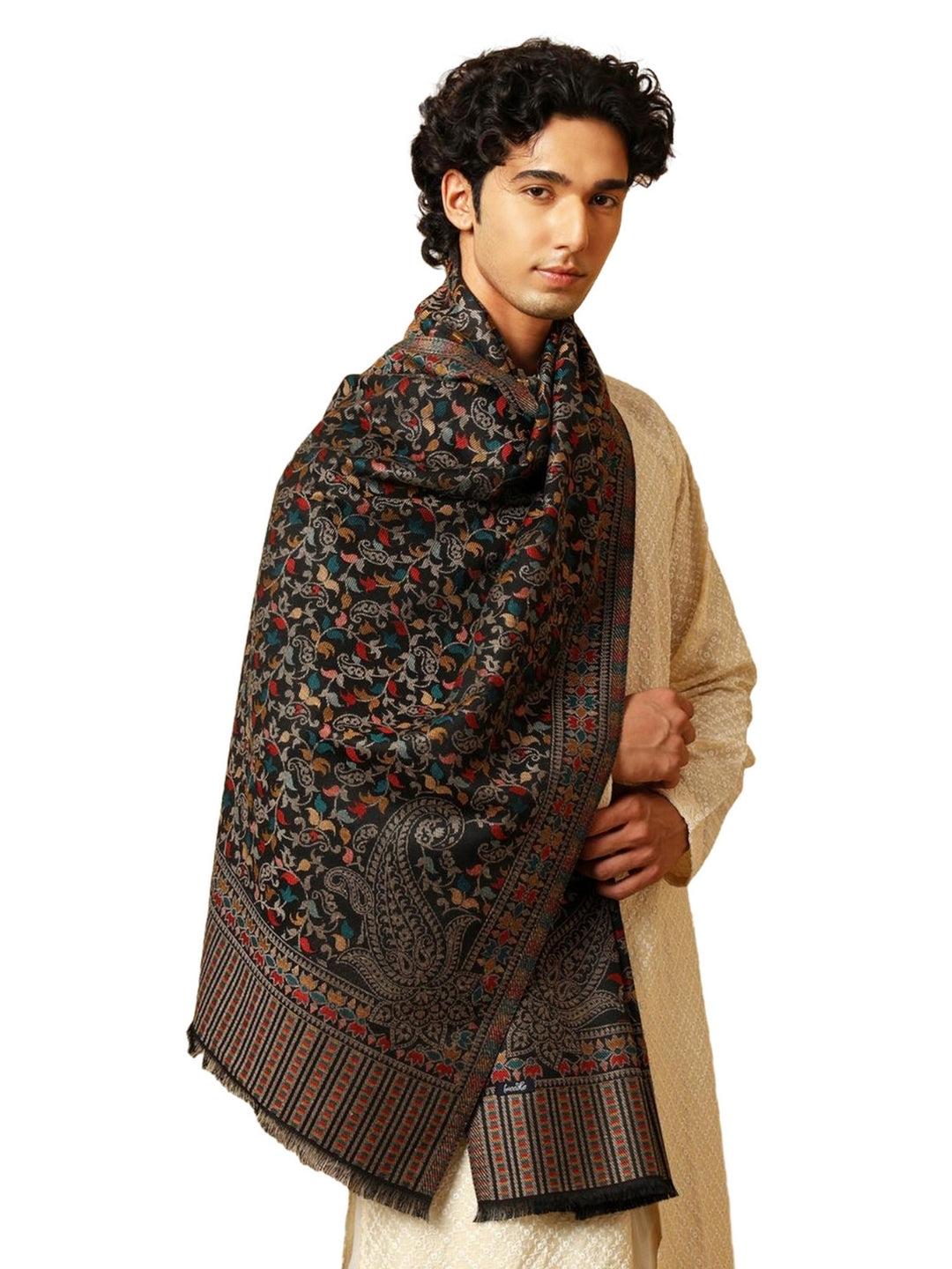 Tweedle Men’s Ethnic Kashmiri Kani Stole/ Scarf - Black - 28 x 80 inches