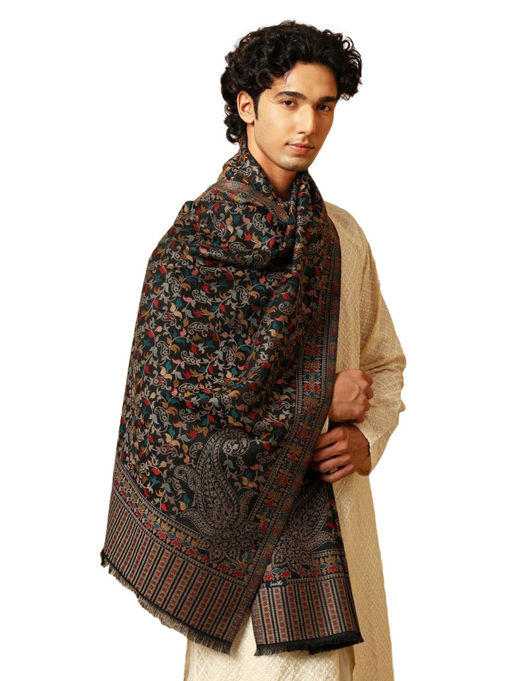 Tweedle Men’s Ethnic Kashmiri Kani Stole/ Scarf - Black - 28 x 80 inches