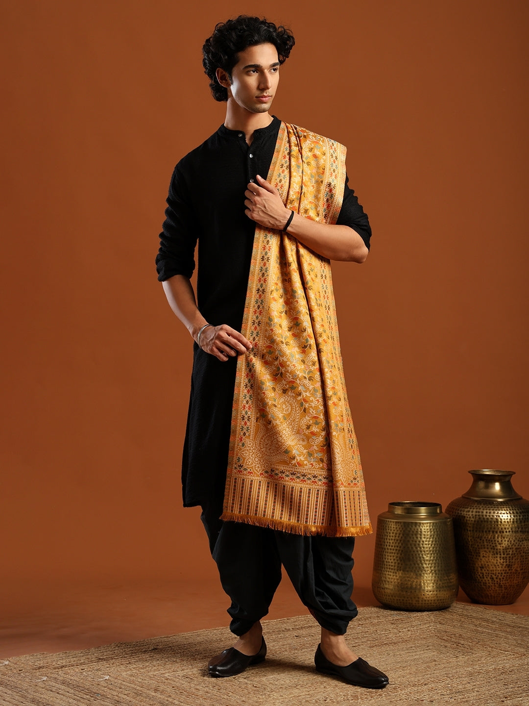 Tweedle Men’s Ethnic Kashmiri Kani Stole/ Scarf - Mustard - 28 x 80 inches