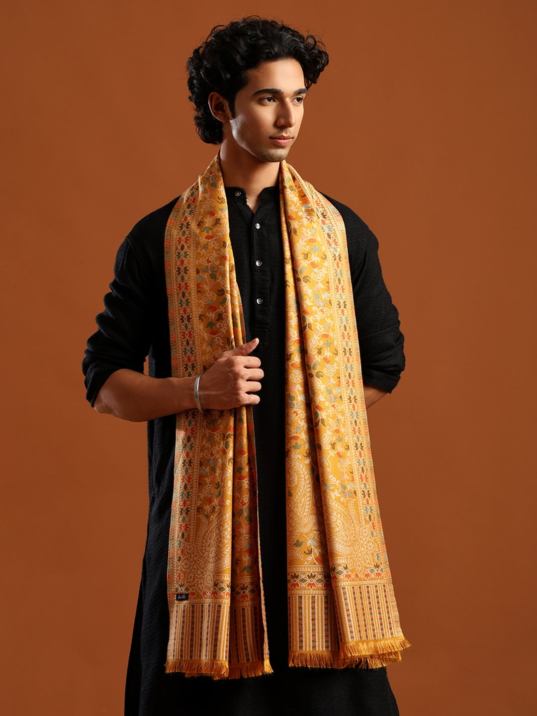 Tweedle Men’s Ethnic Kashmiri Kani Stole/ Scarf - Mustard - 28 x 80 inches
